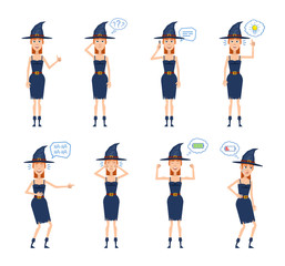 Set of Halloween witch characters posing in different situations. Cheerful witch talking on the phone, thinking, pointing up, laughing, crying, tired, full of energy. Flat vector illustration