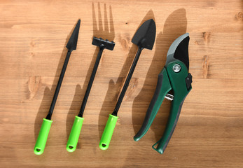Garden tools and pruner on wooden boards on a sunny day. View from above
