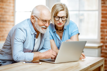 Portrait of a beautiful senior couple in blue shirts feeling happy, sitting together with laptop at...