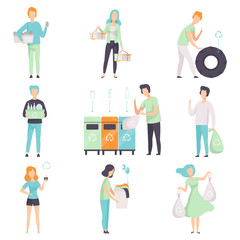People gathering, sorting waste for recycling set, young men and women collecting plastic, glass, rubber, paper, organic waste to protect the environment vector Illustrations