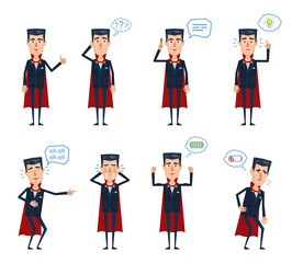 Set of Halloween vampire characters posing in different situations. Cheerful vampire talking on phone, thinking, pointing up, laughing, crying, tired, full of energy. Flat vector illustration