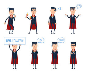 Set of Halloween vampire characters posing in different situations. Cheerful vampire karaoke singing, dancing, sleeping, thinking, laughing, surprised, holding banner. Flat vector illustration