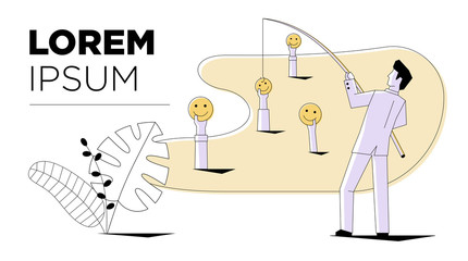 Social media marketing businessman fishing emoji smiley sign modern style. Business internet technology card template design. Vector illustration image symbolizes SMM network advertising