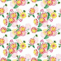 Watercolor colorful seamless pattern with spring pink, yellow and red flowers on a white background. Illustration.