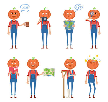 Set of Halloween pumpkin characters posing in different situations. Cheerful pumpkin monster holding beer mug, photo camera, magnifier, reading map, book, injured, dizzy. Flat vector illustration