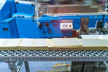 production line with automatic conveyor belt, industry track.