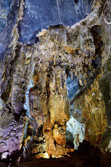 Amazing geological forms in Phong Nha Cave near Phong Nha, Vietnam. Limestone cave full of stalactites and stalagmites.