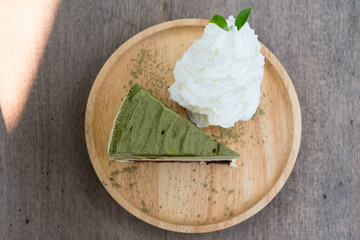 Taste of green tea cake and whip cream