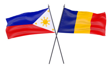 Pilippines and Romania, two crossed flags isolated on white background. 3d image