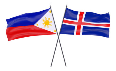 Pilippines and Iceland, two crossed flags isolated on white background. 3d image