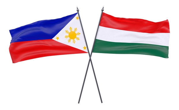 Pilippines and Hungary, two crossed flags isolated on white background. 3d image
