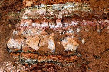  texture of different layers of clay underground in  clay quarry after geological study of soil.