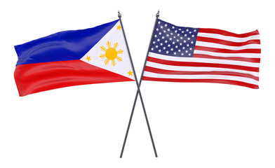 Pilippines and USA, two crossed flags isolated on white background. 3d image
