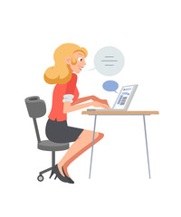 Office women with laptop working in flat style