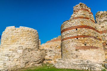 Ancient ruins at the entrance of the Nessebar ancient city, one of the major seaside resorts on the Bulgarian Black Sea Coast. Nesebar, Nesebr is a UNESCO World Heritage Site. Ruins in Nessebar