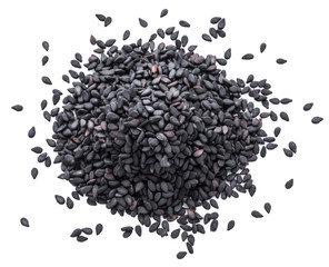 Black sesame seeds isolated on white background. Top view.