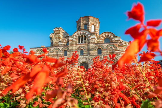 Church of Christ Pantocrator in Nessebar ancient city. Nesebar, Nesebr is a UNESCO World Heritage Site. An ancient Byzantine architecture church in Nessebar, Bulgaria on a sunny day with blue sky