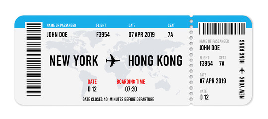Realistic airline ticket design with passenger name. Vector illustration - obrazy, fototapety, plakaty