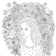 beautiful girl listening to birds. coloring page