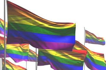 pretty many Gay Pride flags are wave isolated on white - any holiday flag 3d illustration..