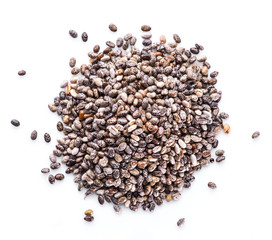 Heap of Chia seeds isolated on white background. Top view.