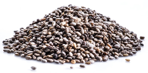 Heap of Chia seeds isolated on white background.