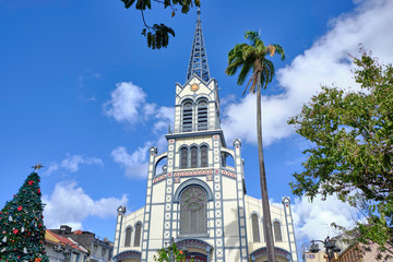 Fototapeta na wymiar Scenic view of Saint Louis Cathedral in capital of Martinique Fort-de-France. Beautiful summer look of old catholic church on small tropical island in the Caribbean sea