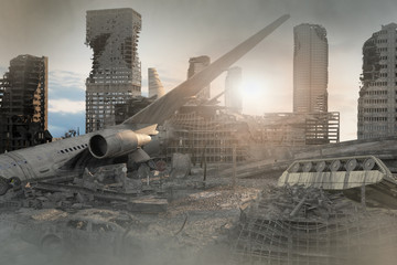 view of the destroyed post-apocalyptic city 3D render