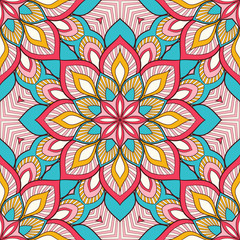 Fototapeta na wymiar Decorative colorful ethnic seamless pattern for fabric or wrapping in oriental style. Hand drawn illustration