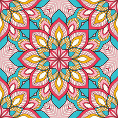 Decorative colorful ethnic seamless pattern for fabric or wrapping in oriental style. Hand drawn illustration