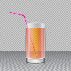 Realistic transparent glass of drink with drinking straw in it