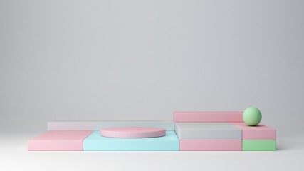 Pastel colors, shapes on abstract white background. Minimal boxes and podiums. Scene with geometrical forms. Empty showcase for cosmetic product presentation. Fashion magazine. Shop display. 3d render