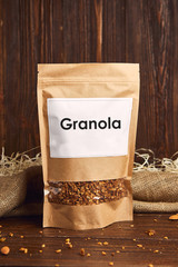 Homemade healthy granola with oats, nuts and honey in a packaging