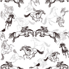 Seamless pattern of hand drawn sketch style horses and jockeys on a horses. Vector illustration isolated on white background.
