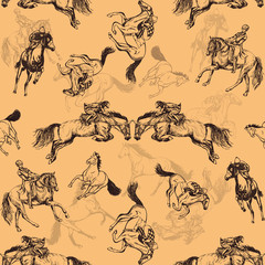 Seamless pattern of hand drawn sketch style horses and jockeys on a horses. Vector illustration.