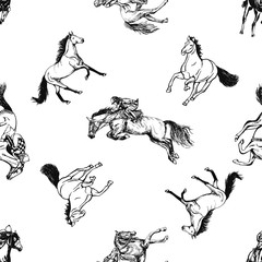 Obraz premium Seamless pattern of hand drawn sketch style horses and jockeys on a horses. Vector illustration isolated on white background.