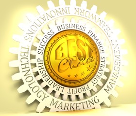 Stamp icon. Graphic design elements. 3D rendering. The best choice text. Golden metallic material. Business relative words on the gear