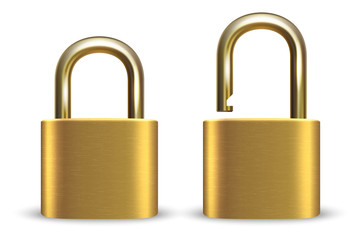 Naklejka premium Vector 3d Realistic Closed and Opened Metal Golden Padlock Icon Set Closeup Isolated on White Background. Design Template of Gold Lock for Protection Privacy, Web and Mobile Apps, Logo