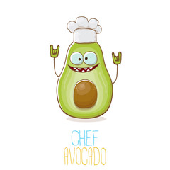 funny cartoon funky green tiny chef avocado character with chef hat isolated on white background. My name is avocado vector concept. vector healthy summer funky fruit character with cook hat