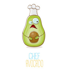funny cartoon funky green tiny chef avocado character with chef hat isolated on white background. My name is avocado vector concept. vector healthy summer funky fruit character with cook hat