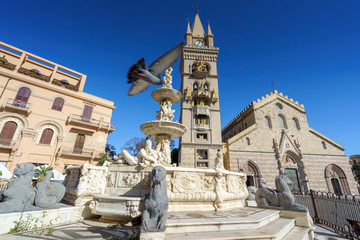 MESSINA, ITALY - NOVEMBER, 06 - Messina Duomo Cathedral with astronomical clock and fountain of Orion - obrazy, fototapety, plakaty
