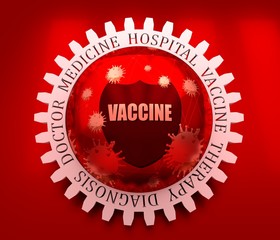 Immune protection system relative image. Abstract viruses attack on shied with vaccine text. Vaccination theme. Pharmaceutical industry research. 3D rendering, Medicine relative words on the gear.