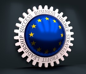 Cog wheel with European Union flag. Precision machinery relative backdrop. 3D rendering