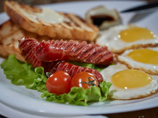 Fried eggs with sausage.