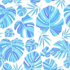 Fototapeta na wymiar Tropical monstera leaves seamless pattern white background. Exotic floral wallpaper. Jungle plants - Vector