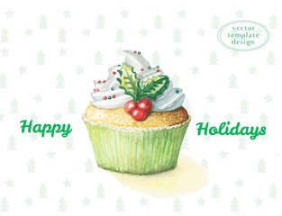 Watercolor cake sweetness cupcake for the new year and happy Christmas, on the background of the Christmas pattern of Christmas trees, with the inscription happy holidays