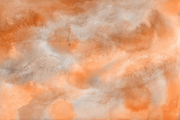 Orange summer watercolor and ink paper textures on white background. Chaotic stylish abstract organic design.
