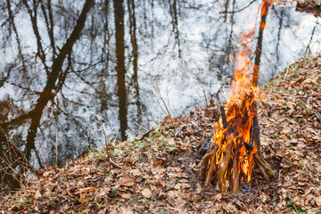 Bonfire on the bank of a forest river in the evening