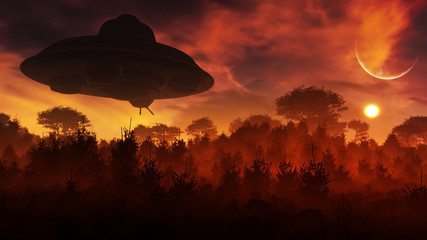 Fototapeta na wymiar concept art of alien space craft hovering over natural landscape 