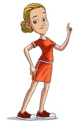 Cartoon serious blonde standing girl character. Sport coach or teacher. Isolated on white background. Vector icon.
